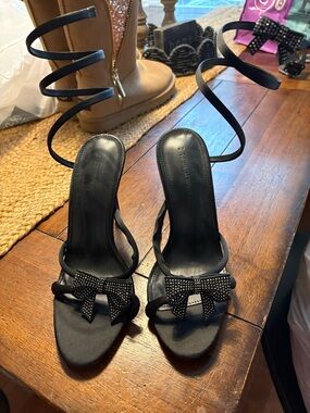 Streetwear Society Black Spiral Wrap Heels with Studded Bow